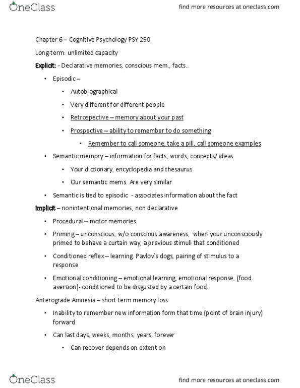 PSY 250 Lecture Notes - Lecture 1: Semantic Memory, Episodic Memory, Explicit Memory thumbnail