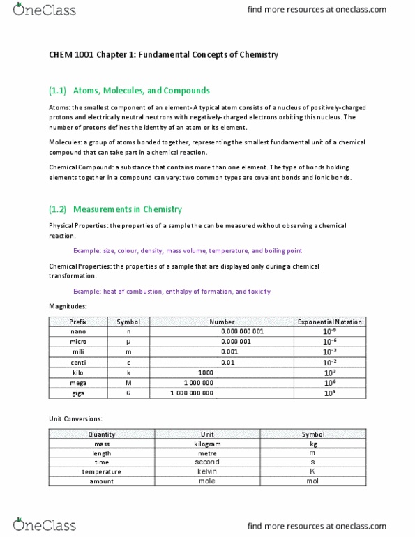 CHEM 1001 Chapter Notes - Chapter 1: Unified Atomic Mass Unit, Chemical Equation, Molecular Mass thumbnail