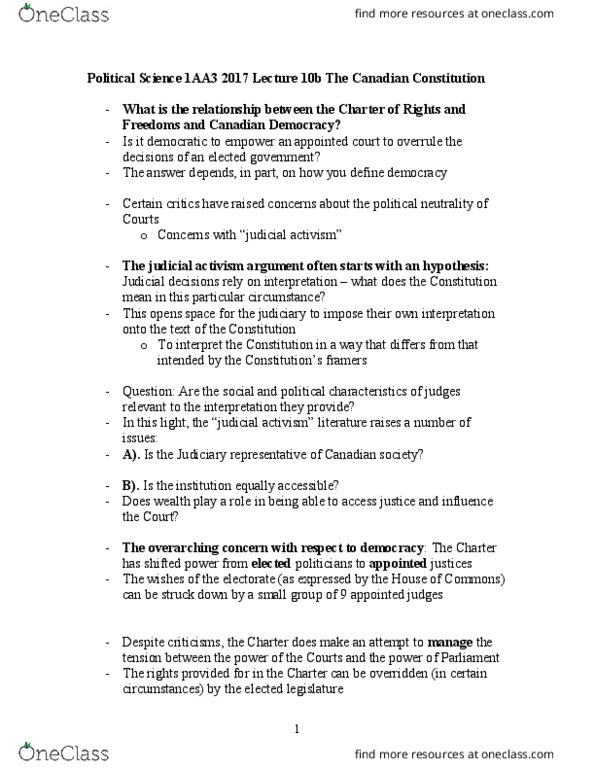 POLSCI 1AA3 Lecture Notes - Lecture 8: Judicial Activism, Section 33 Of The Canadian Charter Of Rights And Freedoms thumbnail