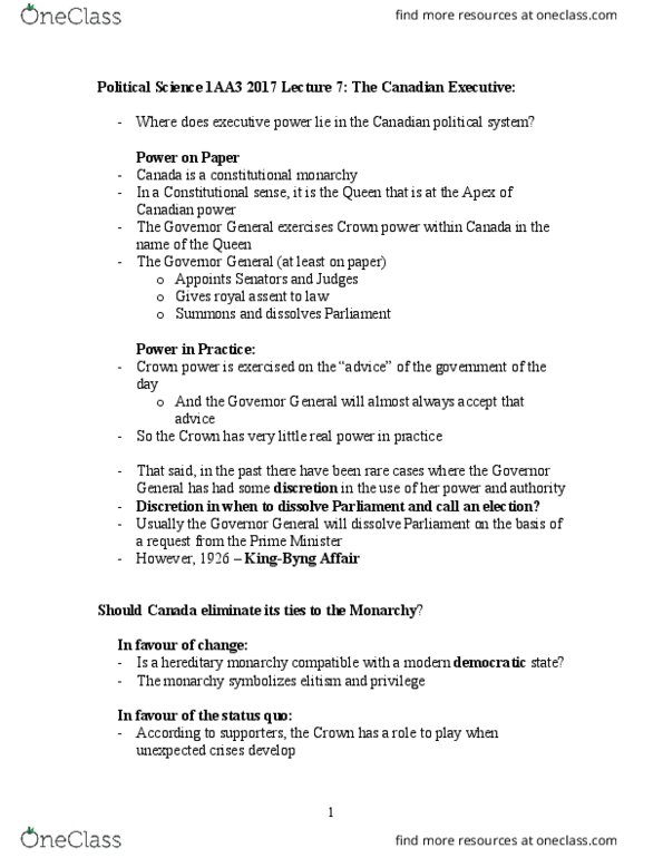 POLSCI 1AA3 Lecture Notes - Lecture 6: Hereditary Monarchy, Royal Assent, Parliamentary System thumbnail