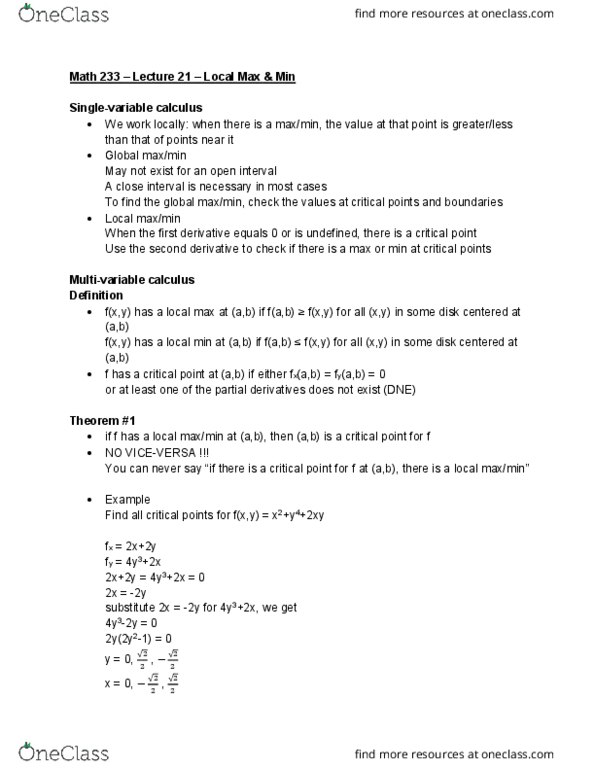 L24 Math 233 Lecture Notes - Lecture 21: Multivariable Calculus, Minimax, Fxx cover image