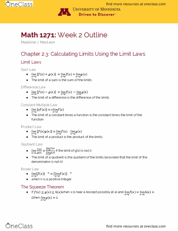 MATH 1271 Chapter Notes - Chapter 2.3-2.5: Power Law, Intermediate Value Theorem, Function Composition thumbnail