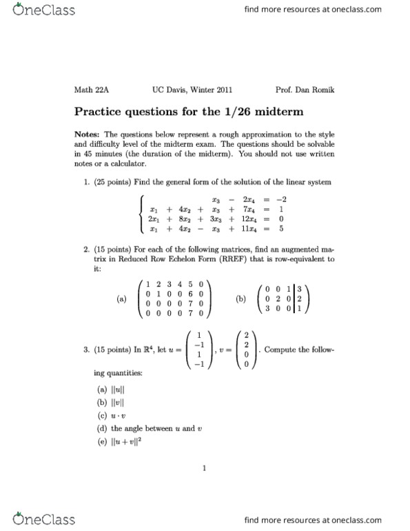 MAT 22A Midterm: MATH22A Midterm 2011 Winter - OneClass