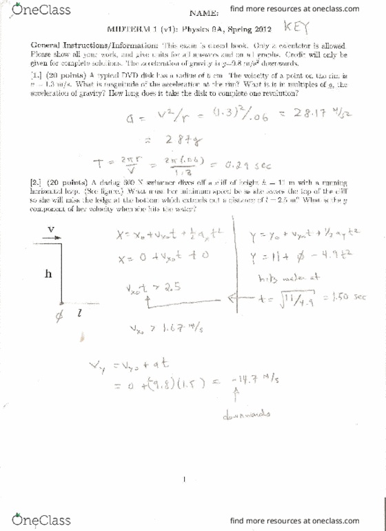 Phy 9a Midterm Phy009a Midterm 1 2012 Spring Oneclass