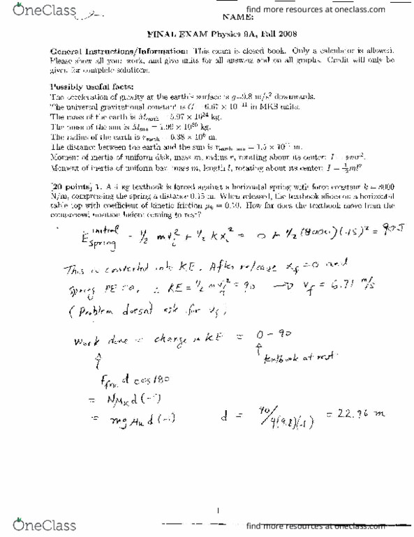 Phy 9a Final Phy009a Final Exam 2008 Fall Oneclass