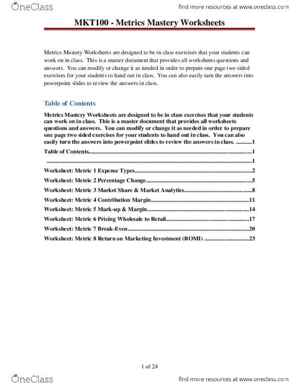 Metrics Mastery Worksheets Answers Doc Oneclass