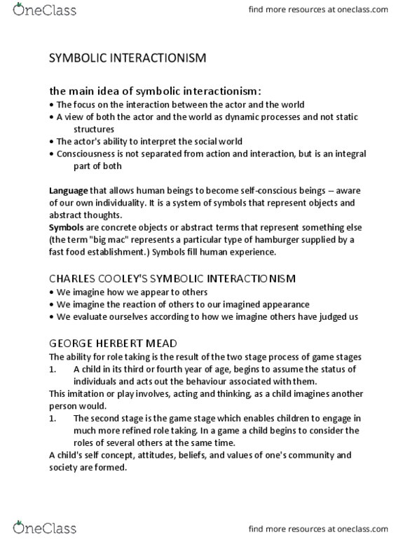 SOC-1101 Lecture Notes - Lecture 7: George Herbert Mead, Symbolic Interactionism, Norm (Social) thumbnail