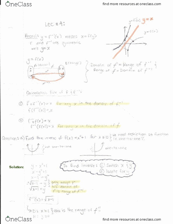 MAT135Y5 Lecture 4: Finding the inverse of a general function. Domain and range of Exponential and Logarithmic functions. Cancellation rule when there is a function and its inverse. cover image