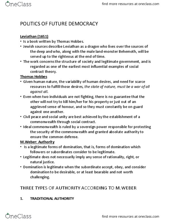 SOC-1101 Lecture Notes - Lecture 39: Participatory Democracy, Charismatic Authority, Constitutional Monarchy thumbnail