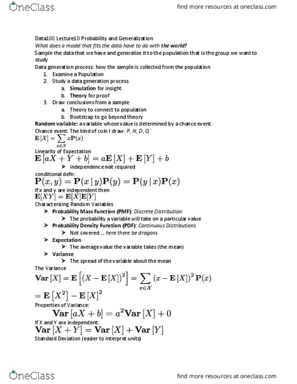 Stat C100 Lecture Notes Fall 18 Lecture 10 Probability Mass Function Random Variable Sampling Distribution