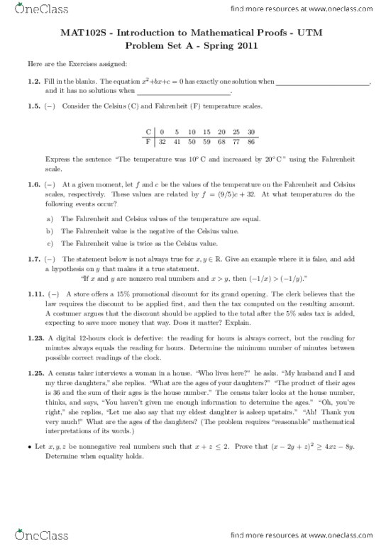 MAT102H5 Chapter Notes -Fahrenheit, The Census Taker thumbnail