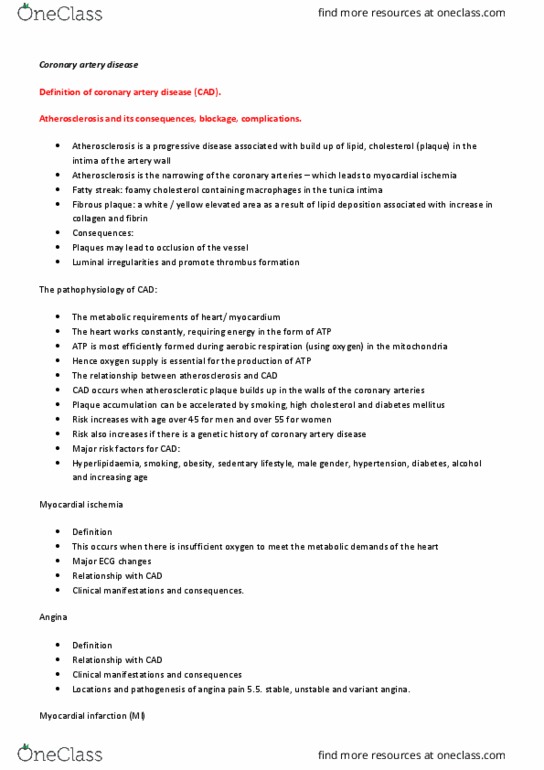 BIOL122 Lecture Notes - Lecture 10: Coronary Artery Disease, Coronary Circulation, Hyperlipidemia thumbnail