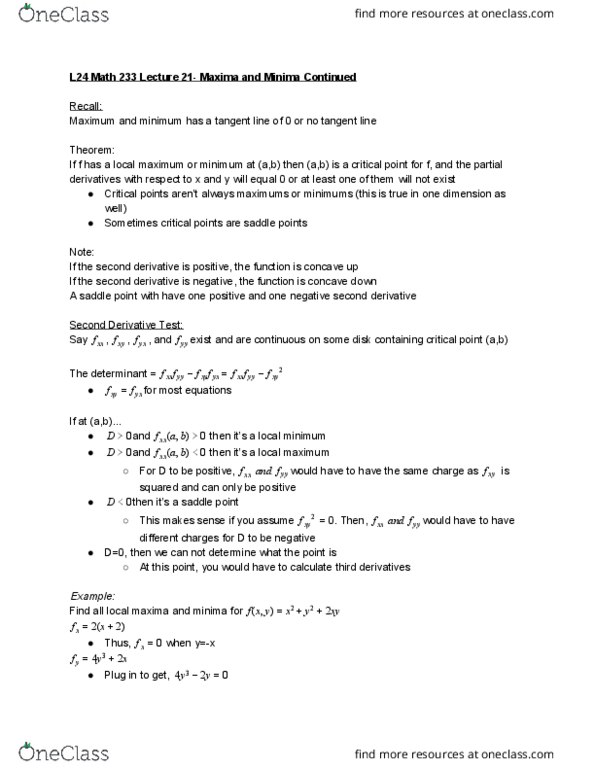 L24 Math 233 Lecture Notes - Lecture 21: Saddle Point, Fxx, Nissan L Engine cover image