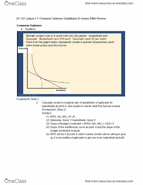 CAS EC 101 Lecture Notes - Lecture 17: Gatorade, Budget Constraint, Indifference Curve cover image
