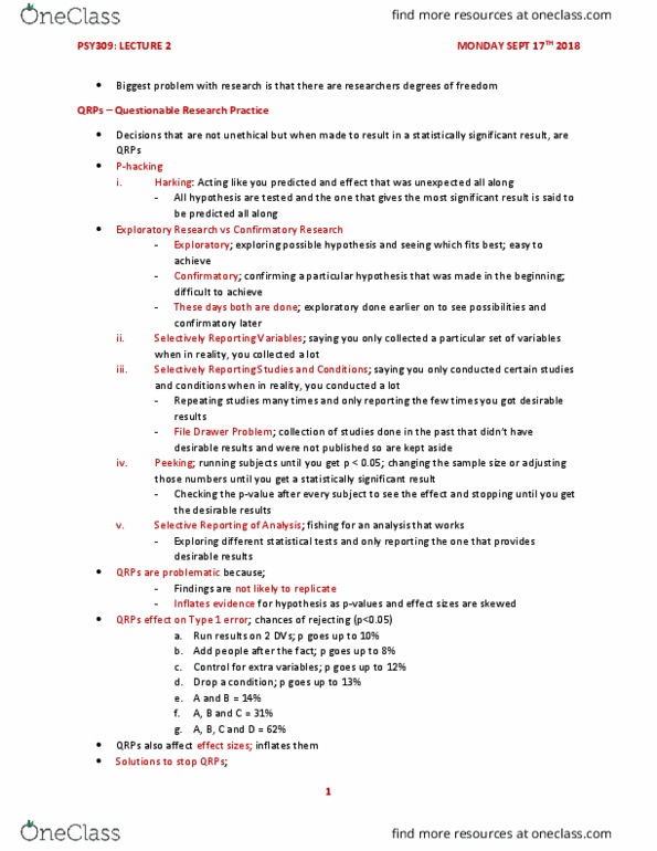 PSY309H5 Lecture Notes - Lecture 2: Type I And Type Ii Errors, Statistical Hypothesis Testing, Dependent And Independent Variables thumbnail