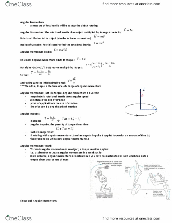 Kinesiology 2241A/B Lecture Notes - Lecture 20: Moment Of Inertia, Angular Velocity, Momentum thumbnail