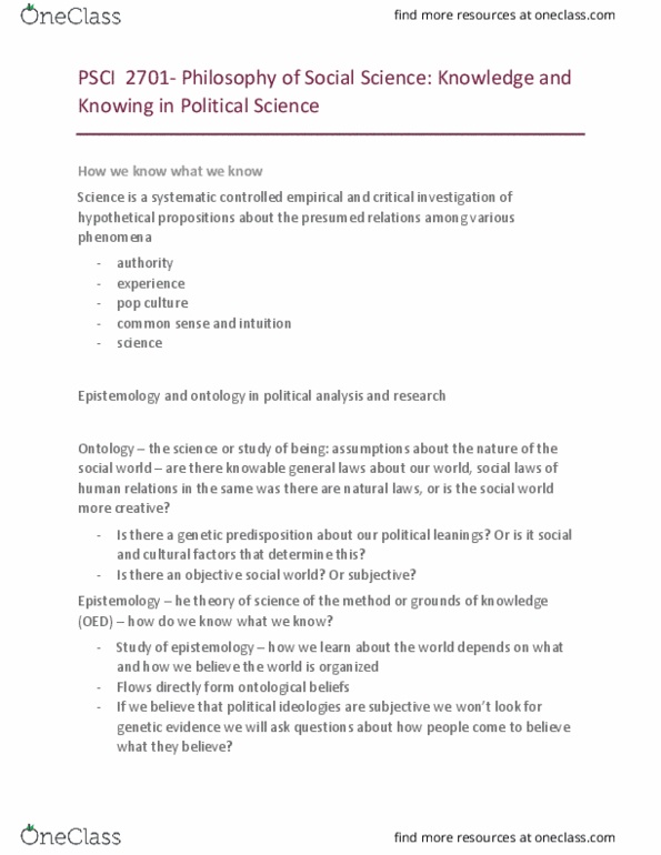 PSCI 2701 Lecture Notes - Lecture 2: Political Philosophy, Determinism, Normal Science thumbnail