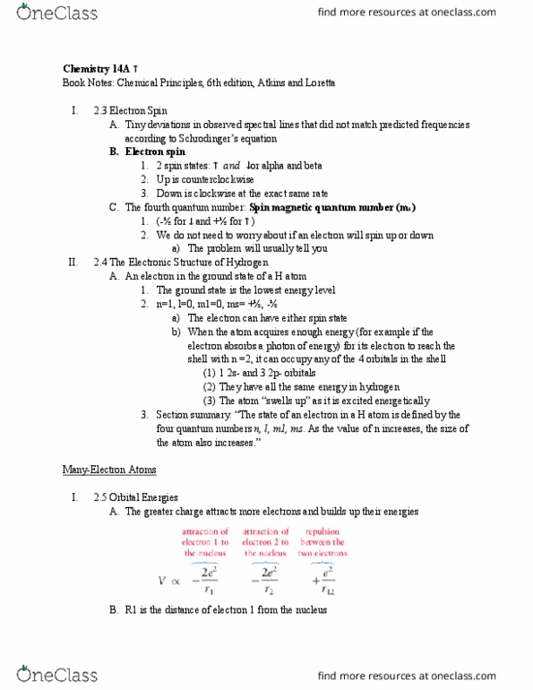 CHEM 14A Chapter Notes - Chapter 2.6-2.7: Magnetic Quantum Number, Photon, Effective Nuclear Charge thumbnail