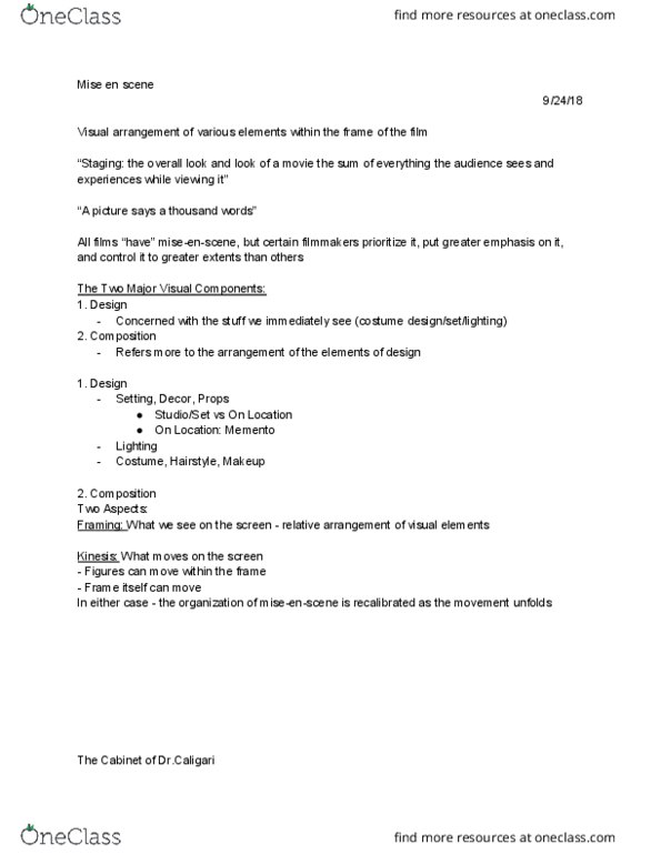 FILM 1F94 Lecture Notes - Lecture 5: Hairstyle, Robert Wiene thumbnail