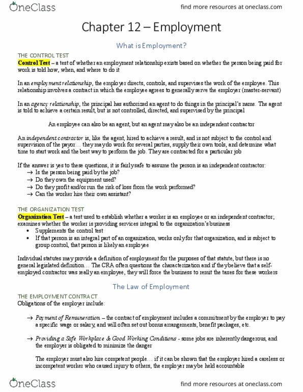 MGMT-2007EL Chapter Notes - Chapter 12: Independent Contractor, Fiduciary, The Employer thumbnail