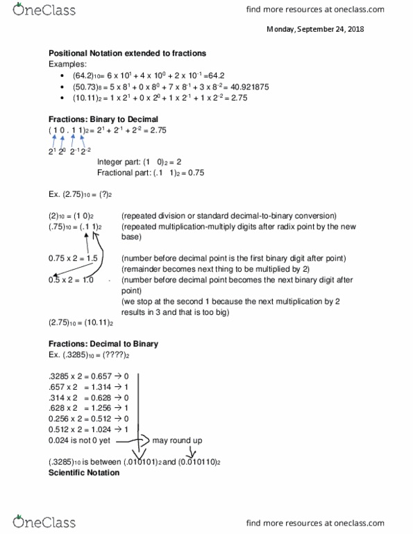 EECS 1520 Lecture Notes - Lecture 9: Radix Point, Decimal Mark, Scientific Notation cover image