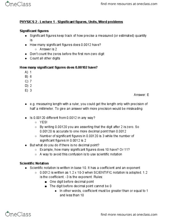 PHYSICS 2 Lecture Notes - Lecture 2: Significant Figures, Scientific Notation, Decimal Mark cover image