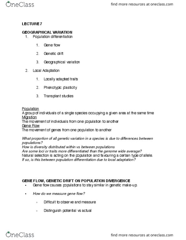 BIO120H1 Lecture Notes - Lecture 7: Genetic Drift, Phenotypic Plasticity, Natural Selection thumbnail