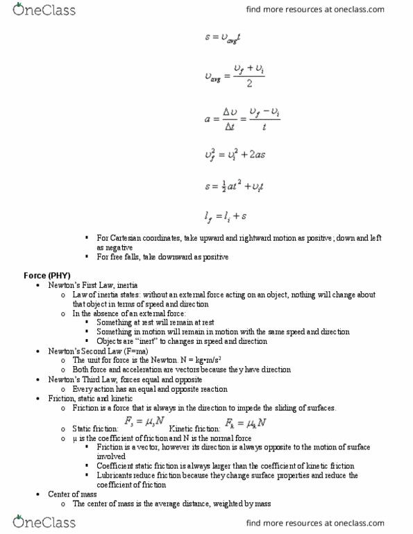 PHY 9HA Lecture Notes - Lecture 1: Friction, Cartesian Coordinate System, Weighted Arithmetic Mean thumbnail