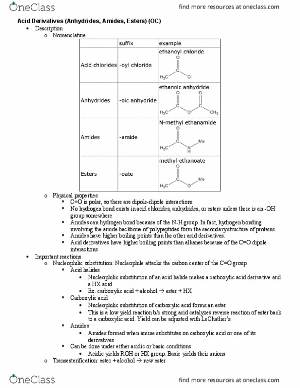 CHE 2AH Lecture Notes - Lecture 12: Nucleophilic Substitution, Acyl Halide, Acyl Chloride thumbnail