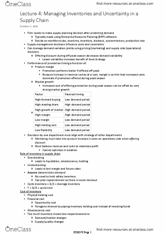 RSM370H1 Lecture Notes - Lecture 4: Carrying Cost, Stockout, Opportunity Cost thumbnail