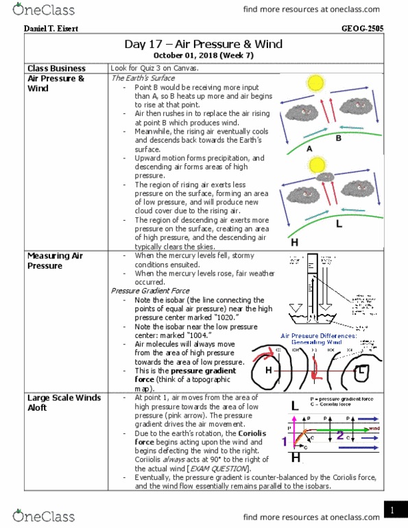 GEOG 2505 Lecture Notes - Lecture 17: Pressure-Gradient Force, Geostrophic Wind, Coriolis Force thumbnail