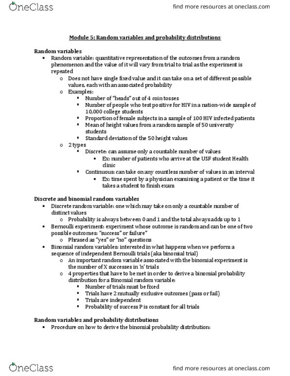 PHC 4069 Lecture Notes - Lecture 5: Normal Distribution, Unimodality, Sample Space thumbnail