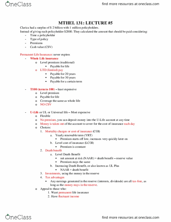 MTHEL131 Lecture Notes - Lecture 5: Contract, Reinsurance, Manulife thumbnail