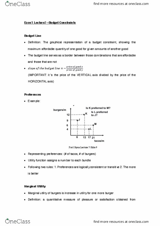 ECON 1 Lecture Notes - Lecture 7: Indifference Curve, Budget Constraint, Consistency cover image