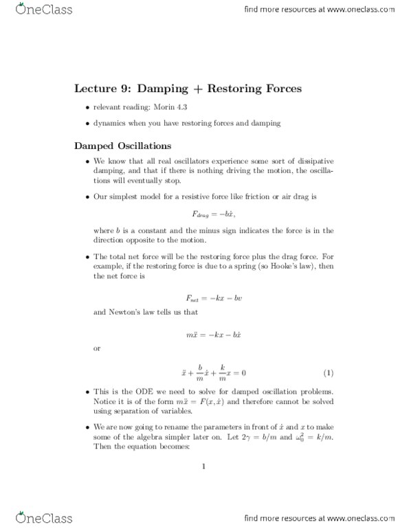 PHY354H1 Lecture Notes - Attractor, Quadratic Equation, Net Force thumbnail