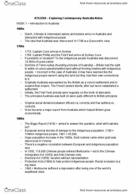 ATS2269 Lecture Notes - Lecture 1: Immigration Restriction Act 1901, Terra Nullius, Eurocentrism thumbnail