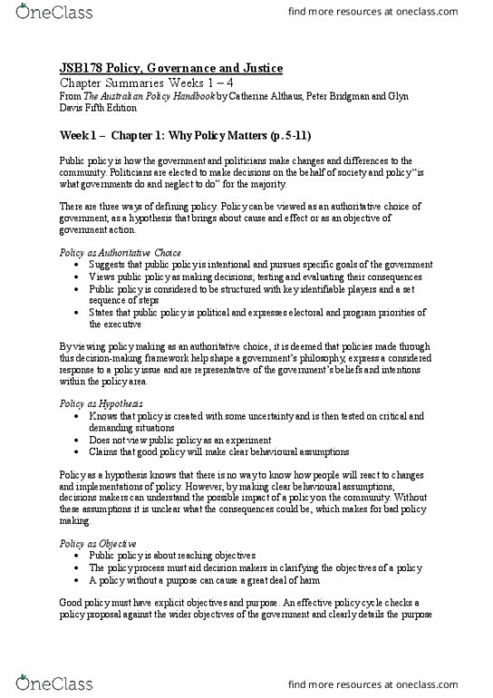 JSB178 Chapter Notes - Chapter 1-4: Policy Analysis, Wicked Problem, Glyn Davis thumbnail