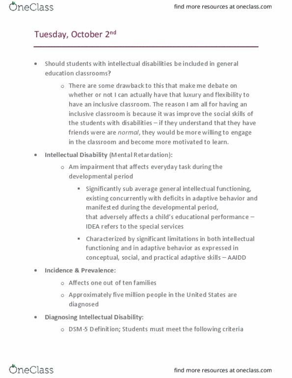 SED SE 250 Lecture Notes - Lecture 6: Wechsler Adult Intelligence Scale, Intellectual Disability, Dsm-5 thumbnail