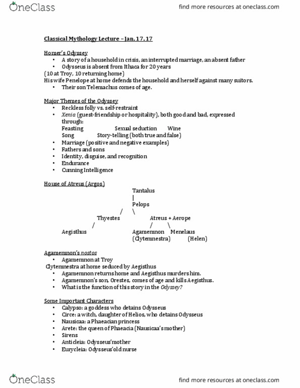 Classical Studies 2200 Lecture Notes - Lecture 10: Argos, Odyssey, Swineherd thumbnail