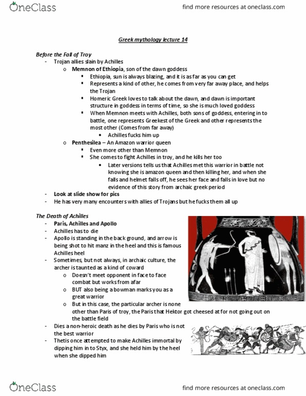 Classical Studies 2200 Lecture Notes - Lecture 14: Seeking Refuge, Trojan War, Odysseus thumbnail