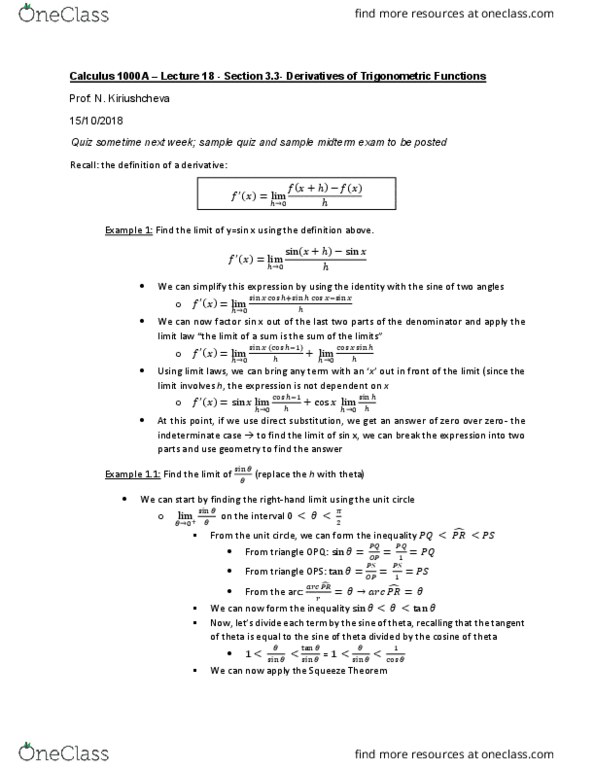 Calculus 1000A/B Lecture Notes - Lecture 18: Unit Circle cover image