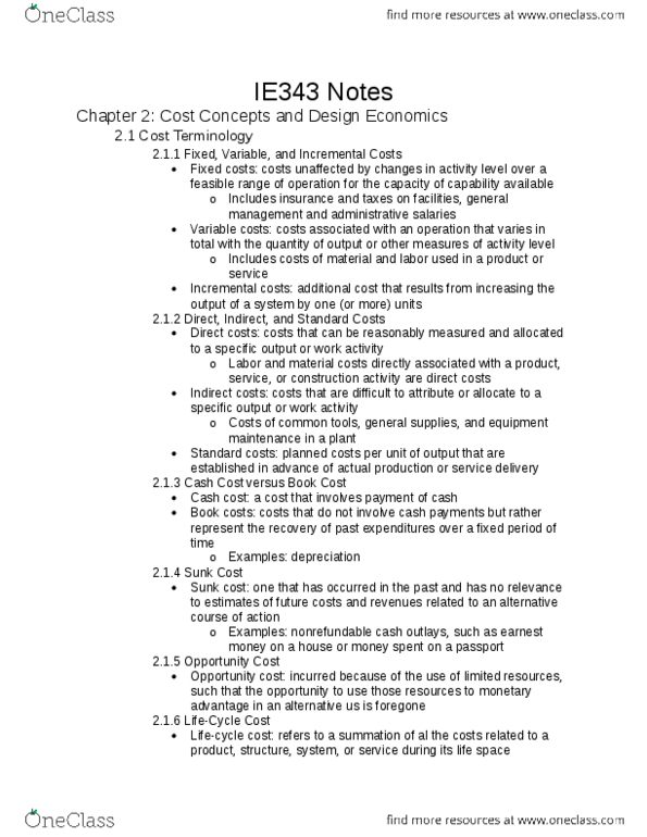 IE 34300 Chapter Notes - Chapter 2&4: Indirect Costs, Sunk Costs, Variable Cost thumbnail