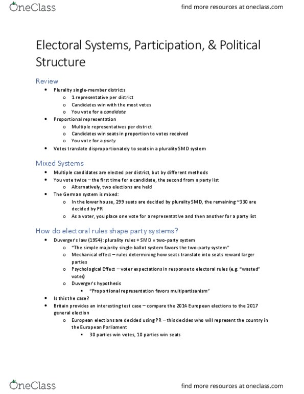 GVPT 280 Lecture Notes - Lecture 11: Compulsory Voting, Uk Independence Party, Proportional Representation thumbnail
