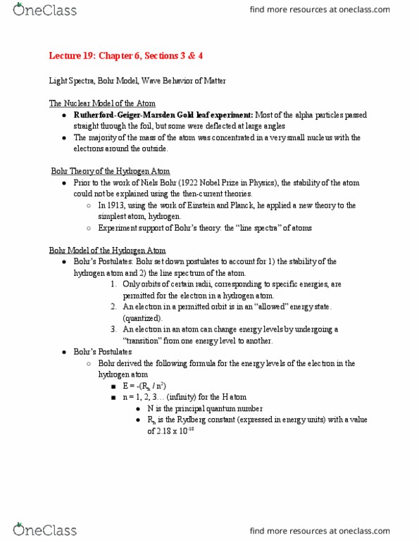 CHE 106 Lecture Notes - Lecture 19: Photon, Louis De Broglie, Niels Bohr thumbnail