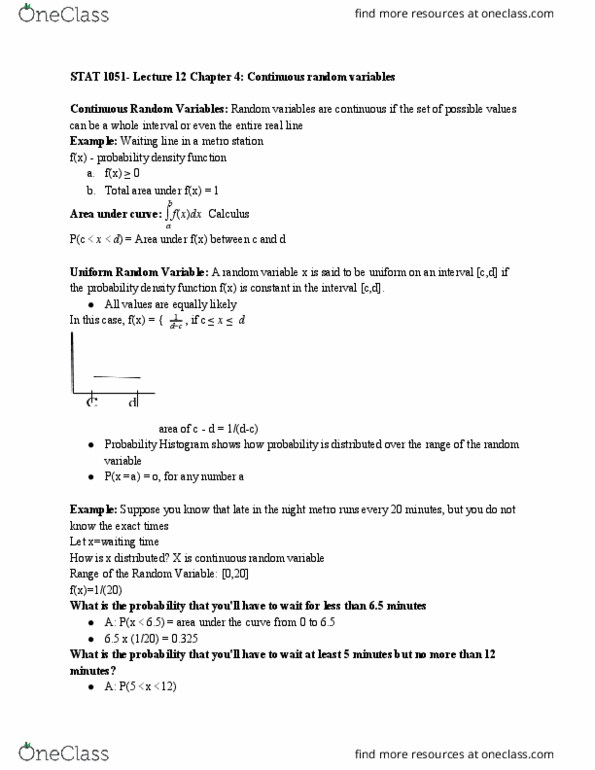 STAT 1051 Lecture Notes - Lecture 15: Probability Distribution, Random Variable, Histogram cover image