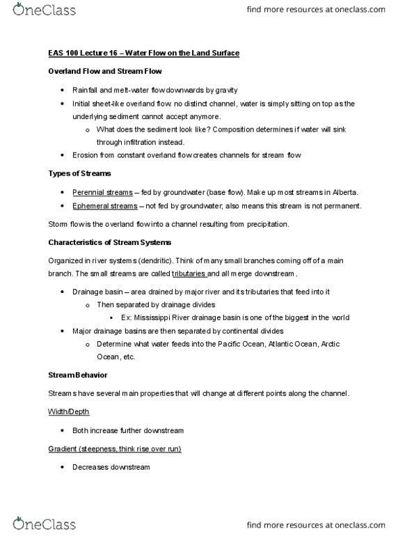 EAS100 Lecture Notes - Lecture 18: List Of Lakes By Volume, Bed Load, Bicarbonate cover image