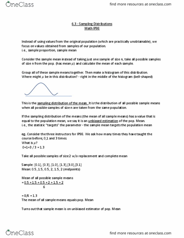 MATH 1P98 Lecture Notes - Lecture 6: Variance, Standard Deviation, Bias Of An Estimator cover image