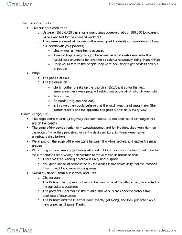 HIST 201 Lecture Notes - Satanism, Samuel Parris thumbnail