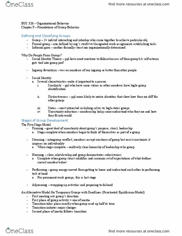 BUS 326 Chapter Notes - Chapter 9: Brainstorming, Social Loafing, Role Conflict thumbnail