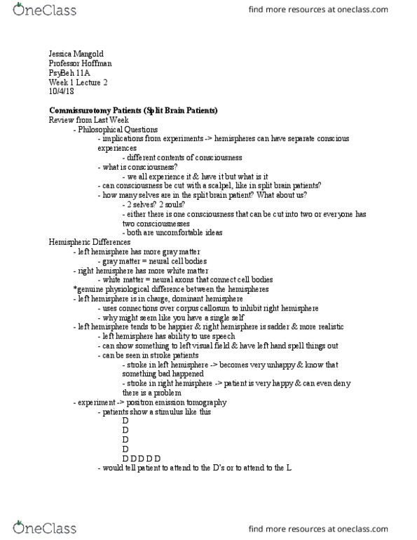 PSY BEH 11A Lecture Notes - Lecture 3: Confabulation, 3 Lbs, Supplementary Motor Area thumbnail